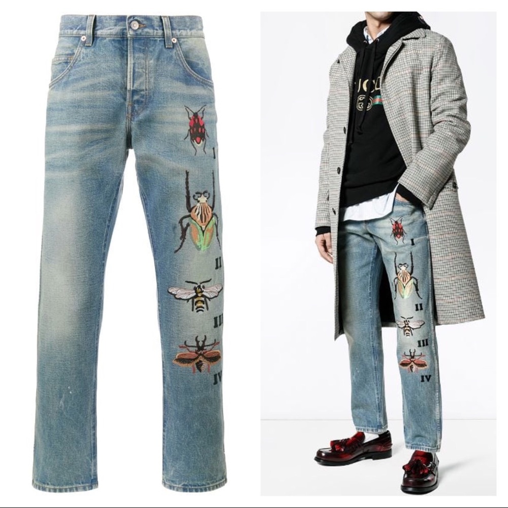 NEW Gucci 2017 insect embroidered distressed jeans
